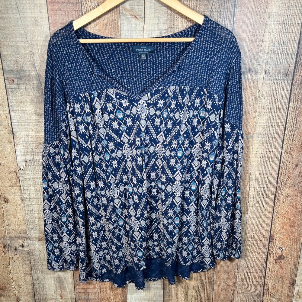 Lucky Brand Blue Geometric Mixed Print Peasant Top Long Sleeve Plus Size 1X